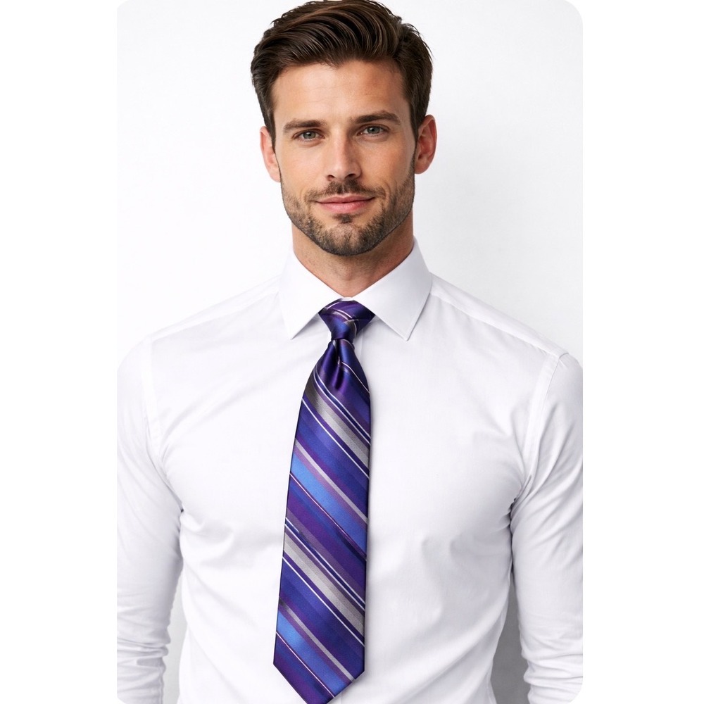 CK Calvin Klein Mens Silk Extra Long Necktie Purple Blue Silver Striped XL Tie